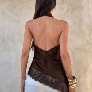 Blusa Café Larga Con Cuello Alto