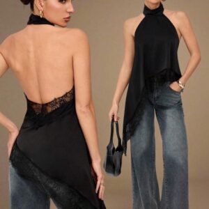Blusa Negra Larga Con Cuello Alto