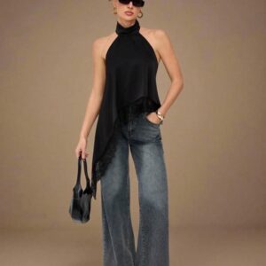 Blusa Negra Larga Con Cuello Alto