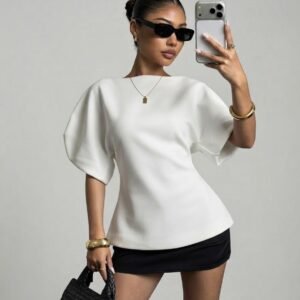 Blusa Blanca De Manga Abullonada Con Dobladillo