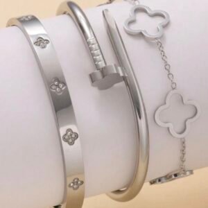 Set De Brazaletes Plateados Acero Inoxidable