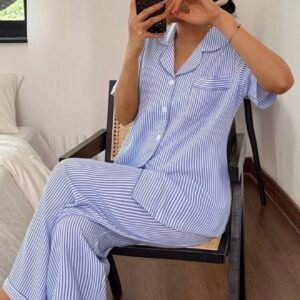 Pijama Manga Corta Con Pantalon azul A Rayas
