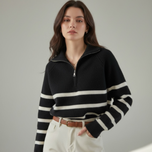 Sueter Negro de Punto Con Rayas Blancas